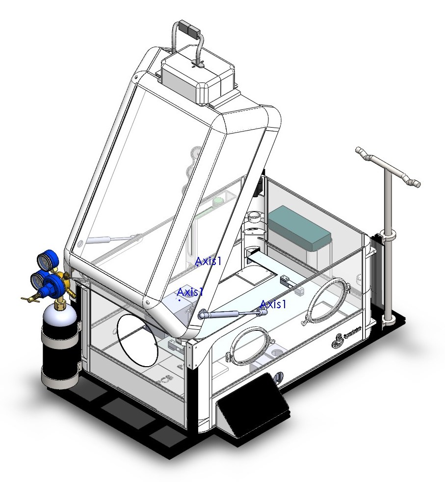 Syncubator with its canopy raised, showing the mattress platform, side ports and the oxygen supply