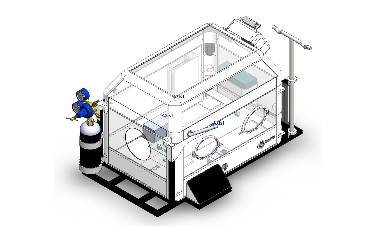 Syncubator incubator with its canopy closed: the touchscreen at the front, side access ports and the oxygen regulator